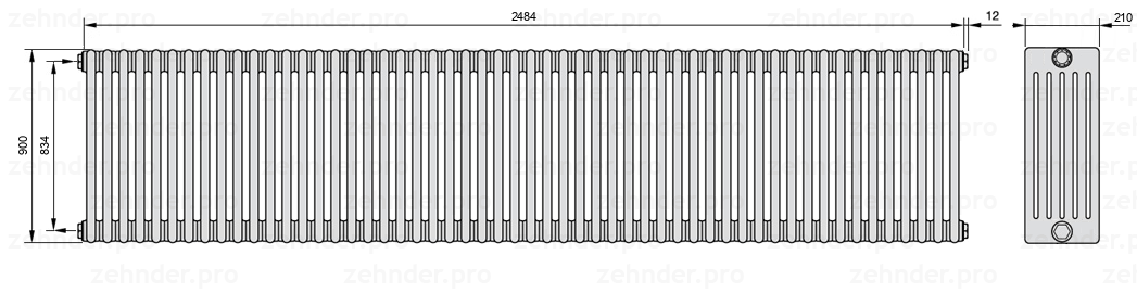 Схема (чертеж) Радиатор Zehnder Charleston 6090/54 №1270 Белый глянцевый RAL 9016